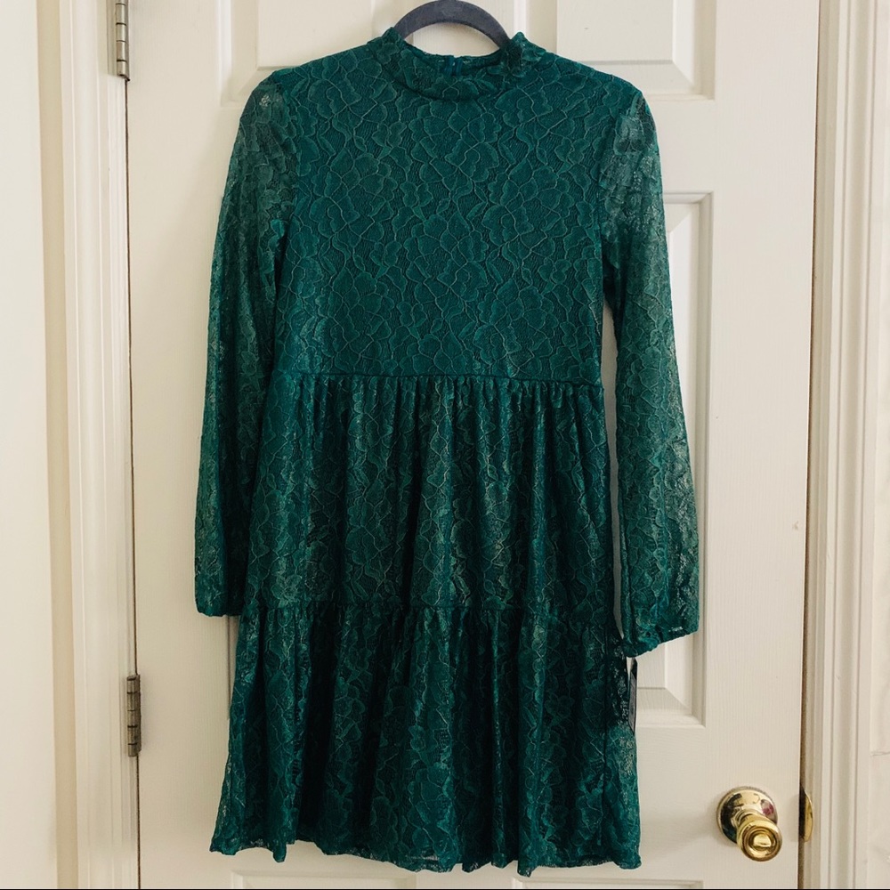 Green floral lace long sleeve dress